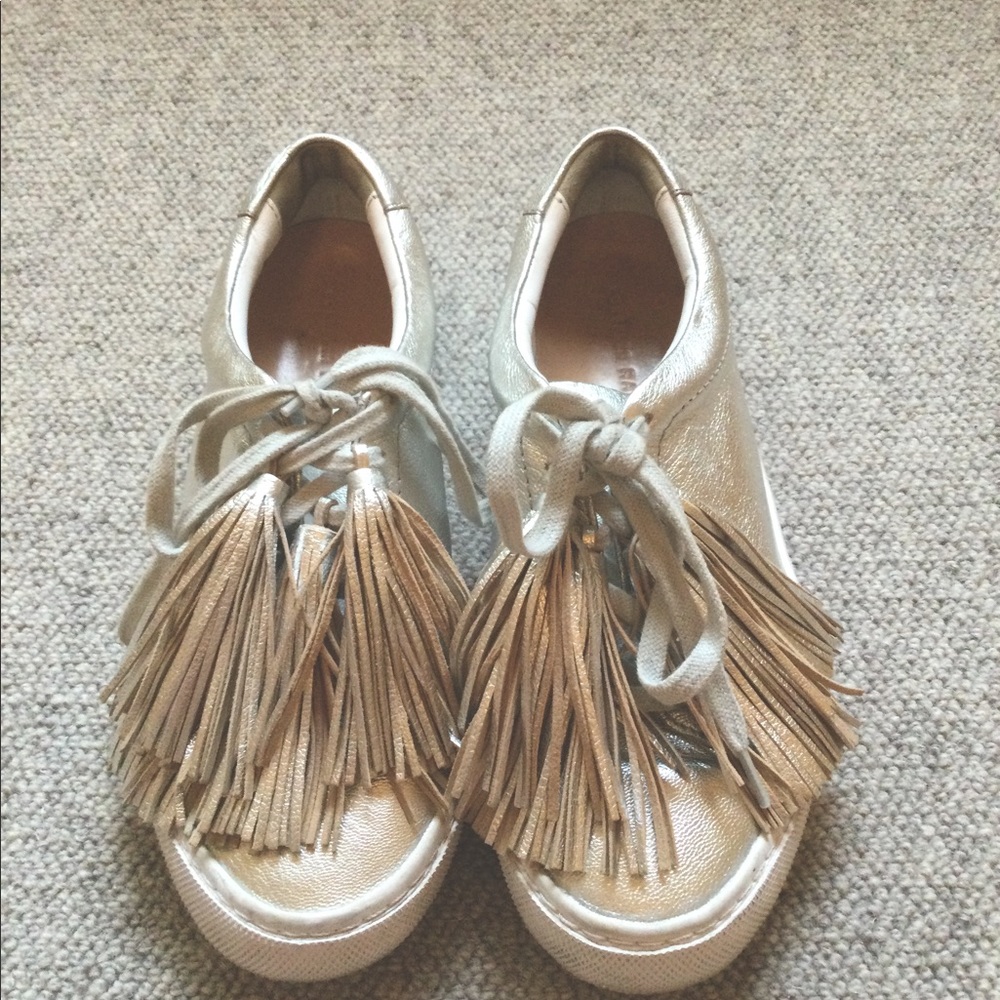 Loeffler Randall Logan Tassel Detail Sneakers Silver Leather US 6.